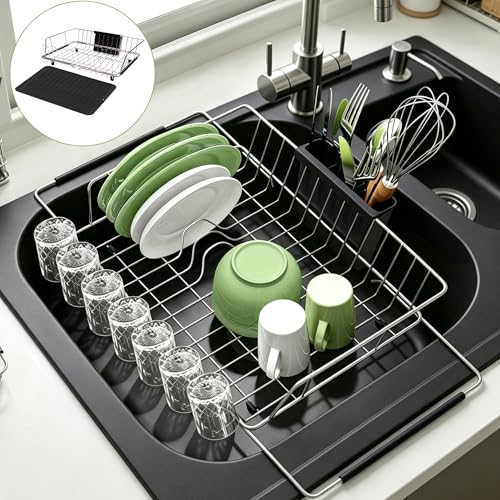 in Sink Expandable Dish Drying Rack with Silicone Mat-Extra Large Stainless Steel Dish Drainer Over The Sink with Utensil Holder, Applicable for Sink Width 16'-22' (Silver,23.2'*12.2') - color: Silver, size: In sink,Large
