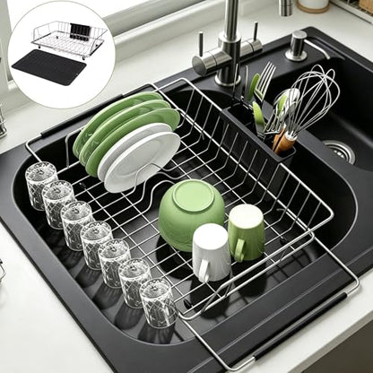 in Sink Expandable Dish Drying Rack with Silicone Mat-Extra Large Stainless Steel Dish Drainer Over The Sink with Utensil Holder, Applicable for Sink Width 16'-22' (Silver,23.2'*12.2') - color: Silver, size: In sink,Large