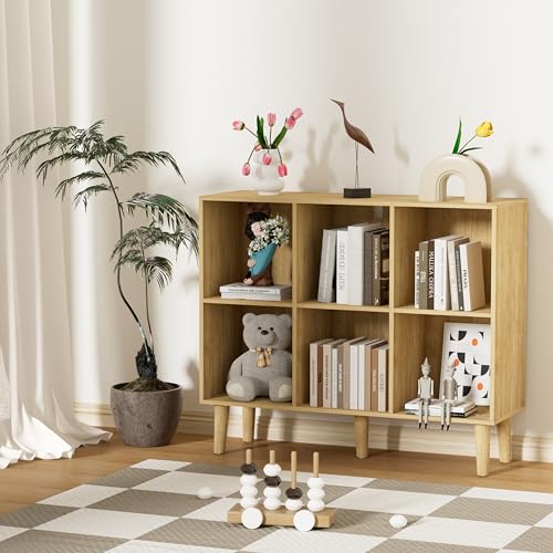 6 Cube Bookcase, Wooden Book Shelf Cube Storage Organizer with Legs, 2 Tier Bookshelf Freestanding Open Shelves for Home Office, Living Room, Bed Room (Oak, 6 Cube Horizontal) - color: Oak, size: 6 Cube Horizontal