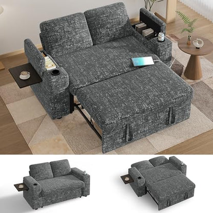 Vipbear 65" Loveseat Sleeper Sofa with Pull Out Bed, Chenille 3-in-1 Convertible Sofa Bed with Reclining Backrest|USB Ports|Cup Holders|Side Table|Storage Armrests, Tool Free Assembly, Grey - color: Grey