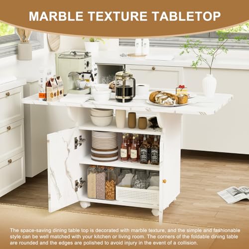 Folding Dining Table for 4-6 with Storage Rack and Cabinet, White Marble Color Kitchen Island, Versatile Space-Saving Table - color: White (Table Only)
