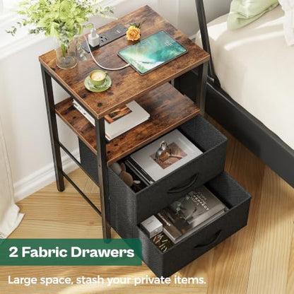Huuger Nightstand with Charging Station, Side Table with Fabric Drawers, End Table with Open Shelf, Bedside Table with USB Ports and Outlets, Night Stand for Bedroom, Rustic Brown and Black | End Table with Open Shelf, Bedside Table with USB Ports and Out