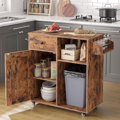 HOOBRO Kitchen Island, Storage Cabinet with Drawer, Kitchen Cart with Spice and Towel Rack, Saving Space, Easy Assembly, for Living Room, Rustic Brown BF12ZD01 - color: Rustic Brown