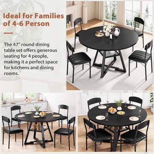 Round Dining Table Set for 4, Kitchen Table and Chairs for 4, Circle Table Round Pedestal Dining Room Dinner Dinette Table Set,5 Piece Space Saving Wood Kitchen & Dining Room Tables (Black, 42In) - color: Black
