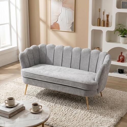 Modern Chenille Loveseat Couch, Futon Small Sofa with Gold Metal Legs | 2-Seater Upholstered Mini Sofa Couches for Small Space,Living Room Bedroom Office Dorm Studio Apartment Love Seat Couche - color: Grey