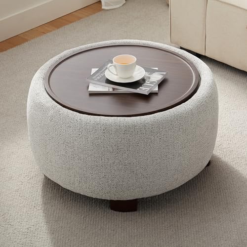 VKNOW 30" Round Storage Ottoman, Ottoman Coffee Table with Removable Wood Top and Solid Wood Legs for Living Room, Bedroom, Apartments (Beige) - color: Beige