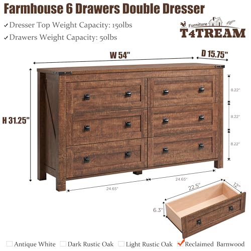T4TREAM 54" Wide Farmhouse 6-Drawer Dresser for Bedroom, Reclaimed Barnwood | Rustic, Wood Storage Cabinet, Metal Handle, Unique Corner Accent, Bedroom, Living Room, Hallway - color: Reclaimed Barnwood, size: 15.8"D x 54"W x 31.3"H (6 Drawers)