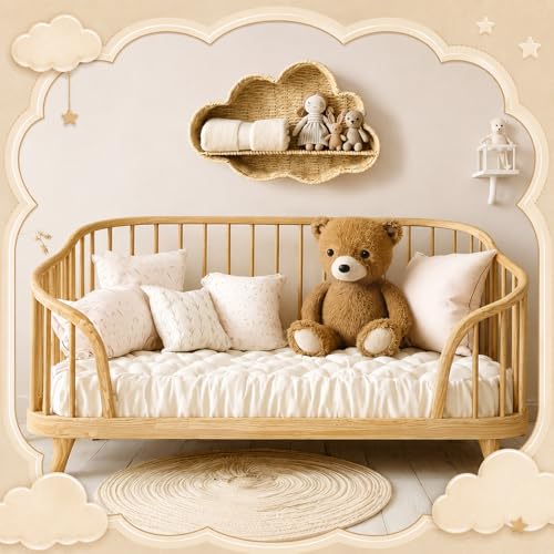 Cloud Nursery Wall Shelf Decor Boho Rattan Wicker Floating Shelves Handwoven Natural Rattan Hanging Organizer Storage Basket for Small Books Toys Nursery Bathroom Living Room Bedroom Corner - style: Cloud