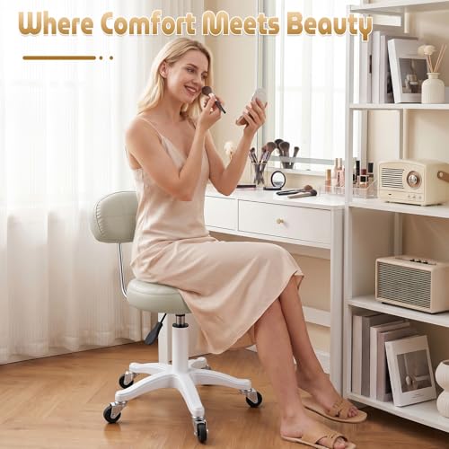 Small Armless Office Desk Chair with Back, Faux Leather Vanity Chair with Wheels - Height Adjustable, 360° Swivel, Ergonomic Rolling Computer Stool for Home Bedroom Office Beige