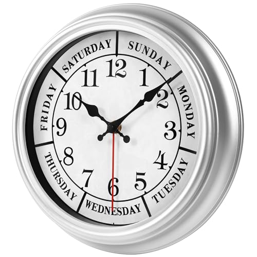 JENLYSTIME 12 Inch Retro Wall Clock,Classic Day of The Week Wall Clock,Silent Non Ticking Battery Operated Movement(Silver) - color: 12 Wk-silver
