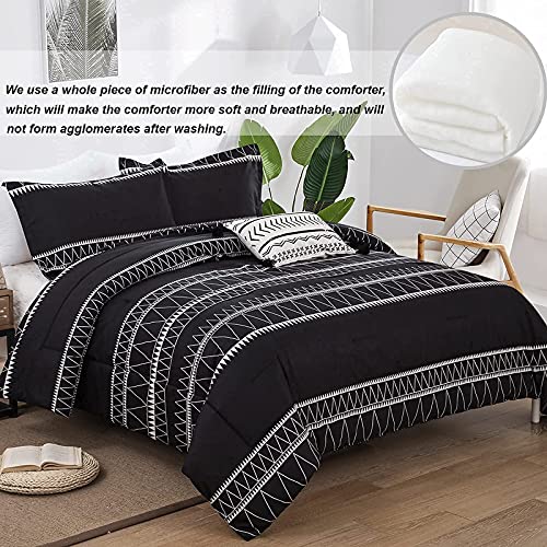 WONGS BEDDING Black Comforter Set King Size (104"x 90"), Reversible Boho Striped Bedding Set for King Bed - 3 Pieces (1 Comforter + 2 Pillowcases), Soft Microfiber Down Alternative - color: Black, size: King