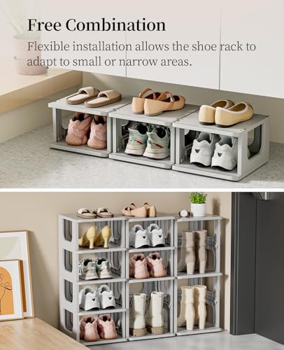 HAIXIN 10 Tier Narrow Shoe Rack, Compact Closet Shoe Shelves | Compact Size Space Saving, No-Tool Assembly, Removable Panels to Adjust Shelf, Stackable Expandable, Modular Design, Entryway - color: Grey, size: 10 Tier