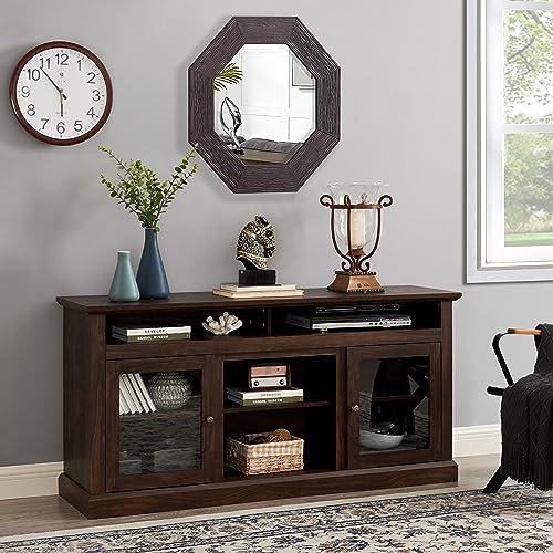 Modern TV Stand for 65 Inch TV, 60 Inch Farmhouse TV Console with Glass Doors and Adjustable Shelves for Living Room, Wood Media Entertainment Center with Cable Management, Brown - color: Brown-f-60.00 X 15.75 X 29.00 Inch
