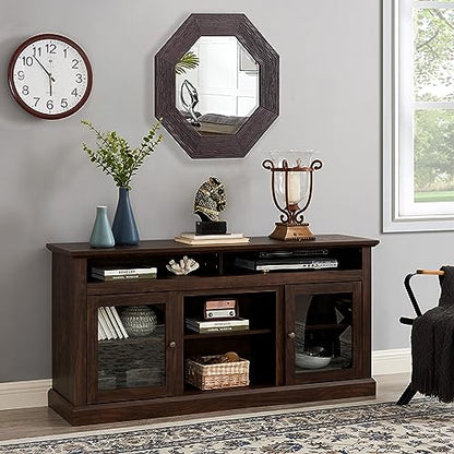 Modern TV Stand for 65 Inch TV, 60 Inch Farmhouse TV Console with Glass Doors and Adjustable Shelves for Living Room, Wood Media Entertainment Center with Cable Management, Brown - color: Brown-f-60.00 X 15.75 X 29.00 Inch