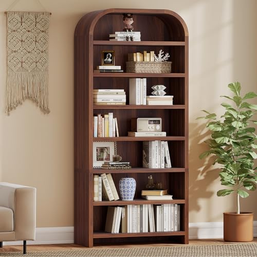 LEVNARY 70" Tall Arched Bookcase, 7-Tier Freestanding Storage Cabinet with Adjustable Shelves, Thick MDF Bookshelf for Bathroom Living Room Bedroom (Walnut) - color: Walnut