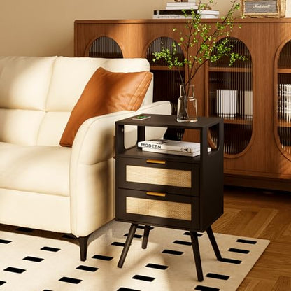 Rattan Nightstand,Farmhouse Bedside Table with 2 Storage Drawer and Open Wood Shelf, for Bedroom and Small Spaces,Night Stand with Solid Wood Legs (Black) - color: Black