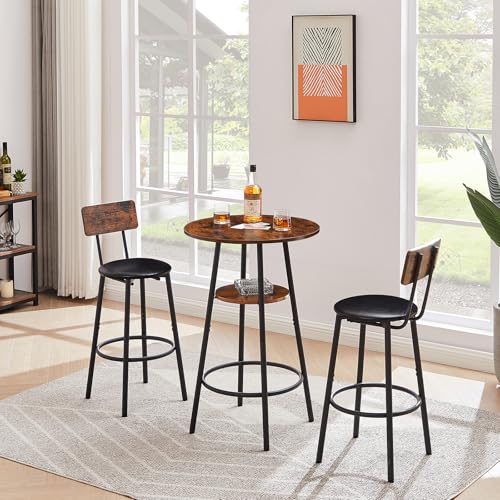 23.62” Diameter Round Bar Table Set for 2 with Storage Shelf, Counter Height Pub Table and Upholstered Bar Stools with Backrest, Small Round Kitchen Table for Small Spaces, Breakfast Nook Dining Table - color: Rustic Brown, style: Round w/ Upholstered Sto
