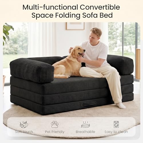 Erament Convertible Sofa Bed, Tri-Folding Mattress Queen Futon Couch Bed, Boneless Sleeper Couch Bed with Removable Armrests & Washable Cover for Guest Room, Living Room, Queen, Black - color: Black, size: Queen
