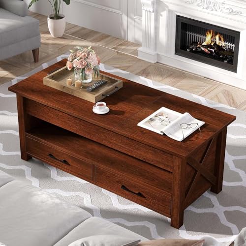 Multifunctional Lift Top Coffee Table, Convertible Wooden Coffee Table with 2 Drawers & Hidden Compartment, Storage Center Table for Living Room Home Office,Walnut Brown - color: Walnut Brown - 47.2 Inch