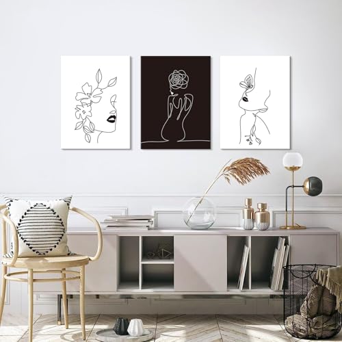 Chadow Artwork Minimalist Line Art Prints Set of 3 Abstract Women Faces Flower Wall Art Black and White Line Drawing Painting Modern Aesthetic Poster for Girls Bedroom Bathroom Living Room Decor - color: Minimalist Art（a）, size: 12x16Inchx3Pcs
