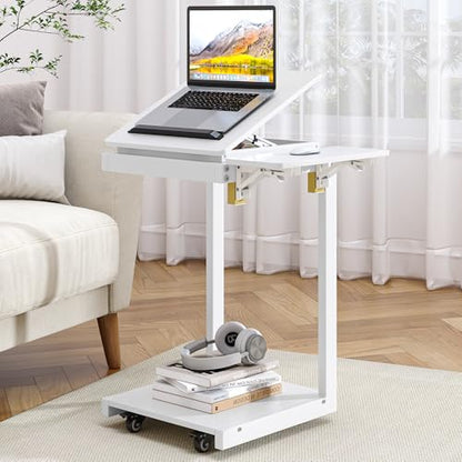C Shaped End Table for Couch Rolling Side with Wheels White | Wood, Desk Tv Tables, with Folding Desktop, Lockable Wheel, with Hidden Storage, for Living Room, Bedroom - color: White