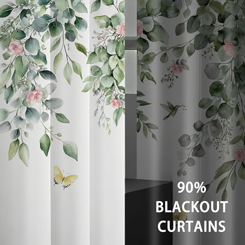 Green Botanical Eucalyptus Blackout Curtains, 2 Panels 42x84 Inch | Green Leaves and Pink Flower Butterfly Bird Design Nature Plant Botanical Room Darkening Curtains for Bedroom - color: Pink, size: 42"W x 84"L (Pack of 2)
