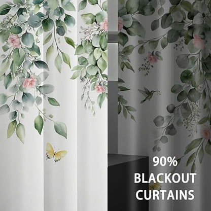 Green Botanical Eucalyptus Blackout Curtains, 2 Panels 42x84 Inch | Green Leaves and Pink Flower Butterfly Bird Design Nature Plant Botanical Room Darkening Curtains for Bedroom - color: Pink, size: 42"W x 84"L (Pack of 2)