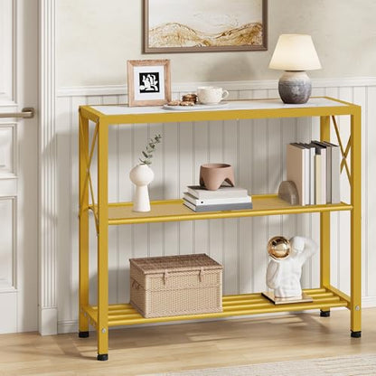 Hoctieon Industrial Console Table, 3 Tier Entryway Table, Metal Frame, Sofa Tables with Shelf, Hallway Desk, Entrance Tables for Entryway, Living Room, Foyer, Hallway, Gold and White - color: Gold&white, size: 1 Pack
