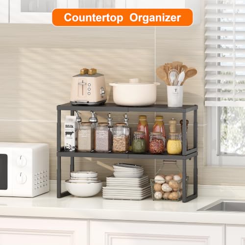 Shelf Organizer Riser For Cabinet Pantry Kitchen Countertop Cupbaord Closet | Expandable Width, Adjustable Height, Stackable As 2-Tier Shelf Rack, Snap-Button: Easily Adjust Height, Heavy Duty Metal - color: Black-1 Pack