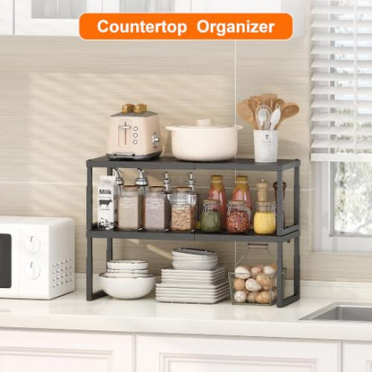 Shelf Organizer Riser For Cabinet Pantry Kitchen Countertop Cupbaord Closet | Expandable Width, Adjustable Height, Stackable As 2-Tier Shelf Rack, Snap-Button: Easily Adjust Height, Heavy Duty Metal - color: Black-1 Pack