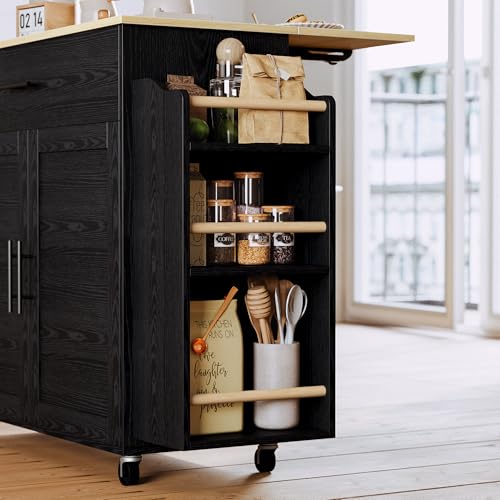 IRONCK Kitchen Island with Storage, Charging Station and Drop Leaf, Black | Wheels, Drawers, Open Shelves, Drawer Storage, Everyday Home Use - color: Black