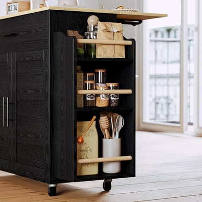 IRONCK Kitchen Island with Storage, Charging Station and Drop Leaf, Black | Wheels, Drawers, Open Shelves, Drawer Storage, Everyday Home Use - color: Black