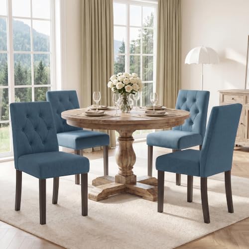 Dining Chairs Set of 4, Parsons Chairs for Small Spaces, Light Beige | Modern Dining Room Chairs with Solid Wooden Legs, Fabric Upholstered Kitchen Chairs for Restaurant & Cafe - color: Tufted Blue, size: Set of 4