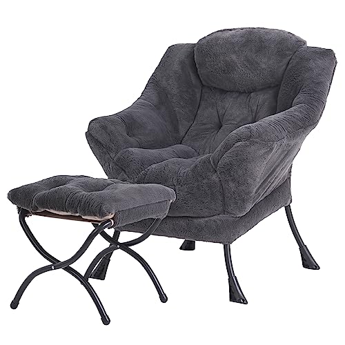 Lazy Chair with Ottoman, Comfy Reading Accent Chair, Plush Navy - color: Plush-navy