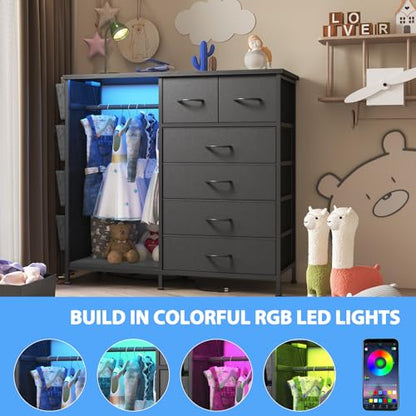 6 Drawer Dresser for Bedroom with Clothes Rack, Clothes Dresser with Side Pockets and Hooks, Charging Station & LED Lights, Wooden Top, Fabric Storage (Black) - color: Black