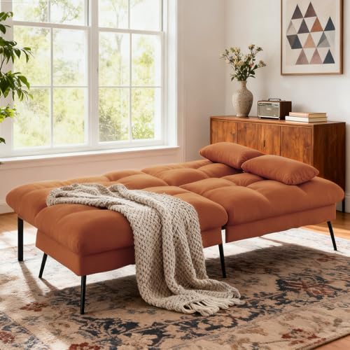 COMHOMA 72″ Convertible Futon Sofa Bed, Adjustable Backrest, Orange | Breathable Fabric Futon Couch with Pillows,Multi-angle Ergonomic Reclining,Space-saving Sleeper Sofa for Living Room - color: Orange