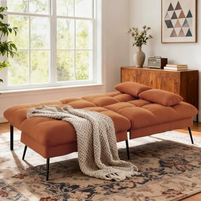 COMHOMA 72″ Convertible Futon Sofa Bed, Adjustable Backrest, Orange | Breathable Fabric Futon Couch with Pillows,Multi-angle Ergonomic Reclining,Space-saving Sleeper Sofa for Living Room - color: Orange
