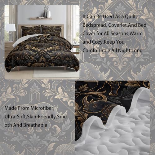 AILONEN Damask Elephant Queen Quilted Comforter Set, Black Gold Printed Bedding with 2 Pillowcases, Microfiber Filling, Master Family Bedroom - color: Black Striped Elephant, size: Queen