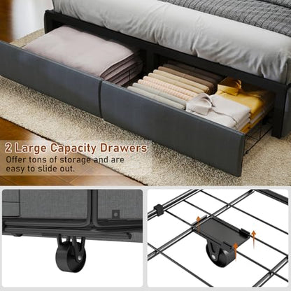 SADENICEL Full Size Bed Frame with 2 Storage Drawer, Full Bed Frame, Grey | Headboard with Charging Station and LED Lights, Metal Platform Bed with Storage Shelf, Noise Free, No Box Spring Needed - size: Full, style: Channel Tufted & 2 Storage Drawers