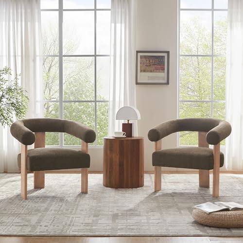 VKNOW Barrel Accent Chairs Set of 2 with Armrests and Rubberwood Legs | Mid Century Modern Upholstered Living Room Chairs with Open Back, Chenille Fabric, arm chair for Living Room, Bedroom, Brown - color: Brown, size: Set of 2