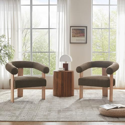 VKNOW Barrel Accent Chairs Set of 2 with Armrests and Rubberwood Legs | Mid Century Modern Upholstered Living Room Chairs with Open Back, Chenille Fabric, arm chair for Living Room, Bedroom, Brown - color: Brown, size: Set of 2