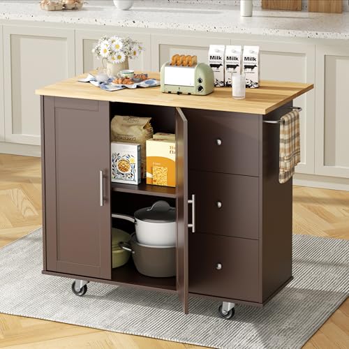 Shintenchi Kitchen Island with Folding Drop Leaf, Rolling Island Table with Storage, Kitchen Cabinet on Wheels with Seating Area for Kitchen, Bar Cart with Cabinet, Brown - color: Brown
