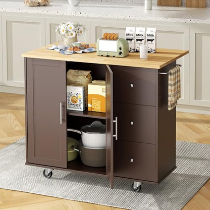 Shintenchi Kitchen Island with Folding Drop Leaf, Rolling Island Table with Storage, Kitchen Cabinet on Wheels with Seating Area for Kitchen, Bar Cart with Cabinet, Brown - color: Brown
