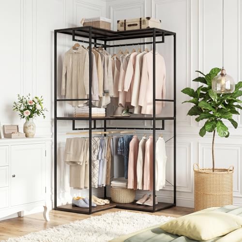 GIANTEX Heavy Duty Clothes Rack, 3-Tier L-Shaped Garment Rack w/3 Open Shelves & 2 Hanging Racks, Anti-Tippling Devices, Industrial Freestanding Closet Organizer for Bedroom, Living Room & Laundry