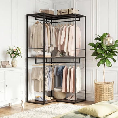 GIANTEX Heavy Duty Clothes Rack, 3-Tier L-Shaped Garment Rack w/3 Open Shelves & 2 Hanging Racks, Anti-Tippling Devices, Industrial Freestanding Closet Organizer for Bedroom, Living Room & Laundry