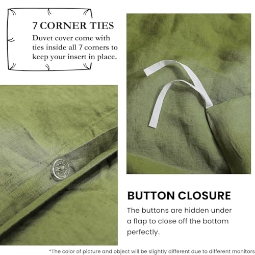 Simple&Opulence 100% Linen Duvet Cover Set with Embroidery Border Washed - 3 Pieces (1 Duvet Cover & 2 Pillow Shams) with Button Closure Soft Breathable Farmhouse - Olive, Queen Size - color: Olive, size: Queen