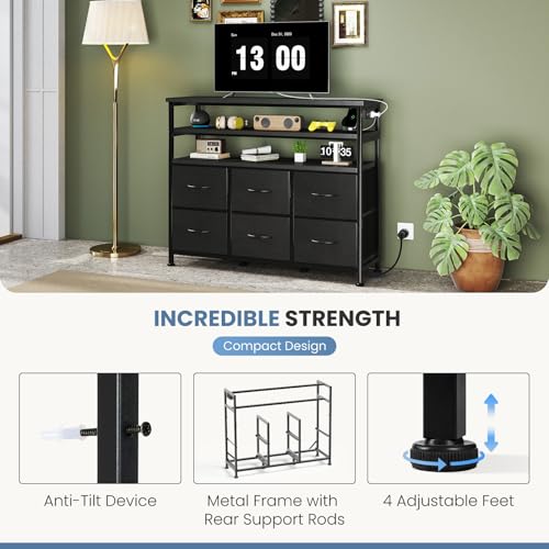 DUMOS LED TV Stand Dresser with Charging Station, Entertainment Center | Media Console for Living Room, App Controlled, 6 Fabric Drawers and 2 Shelves, Black