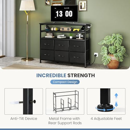 DUMOS LED TV Stand Dresser with Charging Station, Entertainment Center | Media Console for Living Room, App Controlled, 6 Fabric Drawers and 2 Shelves, Black
