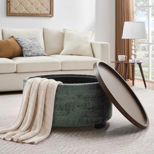 Zihanhome 30" Round Chenille Storage Ottoman Coffee Table with Removable Tray Top, Large Hidden Storage Ottoman, Solid Wood Legs for Living Room, Bedroom, Apartment (Moss Green) - color: Moss Green