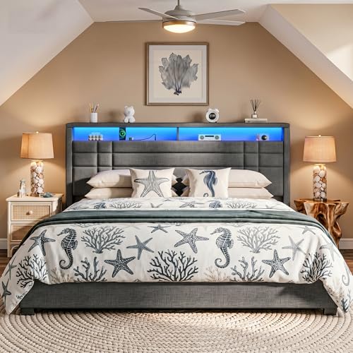 EnHomee King Upholstered Bed Frame with Charge Station & LED Lights, Grey | 2-Tier Shelves Headboard, 12" Under-Bed Storage Space, Noise-Free, No Box Spring Needed, Easy Assembly - color: Grey, size: King (U.S. Standard)